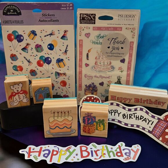 Birthday Themed Vintage Stickers and 5 Rubber Stamps -Cake Presents Teddy Bear.. - Picture 1 of 15